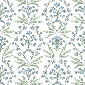 12" French florals damask and vine garland - blue green on white linen