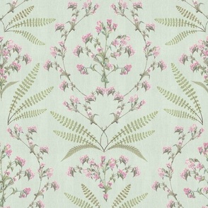 12" French florals damask and vine garland - blush pink and sage on pastel teal linen