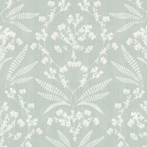12" French florals damask and vine garland - sage green on ivory linen