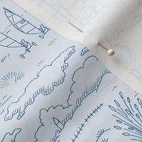 Coastal Vacation Toile | Relaxing North Sea Beach with Beach Sailors and Stilt Houses | pale blue | small