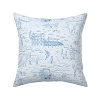Coastal Vacation Toile | Relaxing North Sea Beach with Beach Sailors and Stilt Houses | pale blue | small