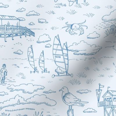 Coastal Vacation Toile | Relaxing North Sea Beach with Beach Sailors and Stilt Houses | pale blue | small