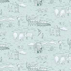 Coastal Vacation Toile | Relaxing North Sea Beach with Beach Sailors and Stilt Houses | grayish green | large