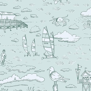 Coastal Vacation Toile | Relaxing North Sea Beach with Beach Sailors and Stilt Houses | large