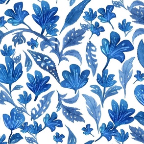 Watercolor Floral Blue & White Flowers 