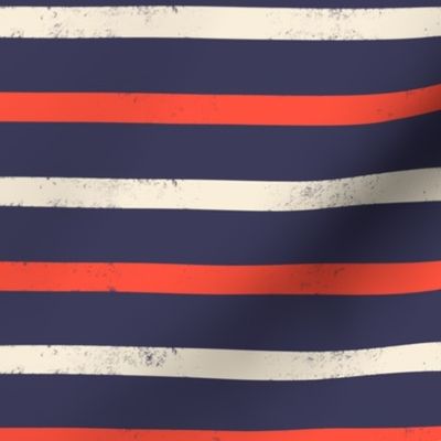Medium scale / Red and beige horizontal stripes on navy / grunge distressed textured blender lines on dark blue background / valentine scarlet crimson cream ivory usa patriotic decor