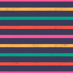 Medium scale / Multicolored retro rainbow horizontal stripes on navy / grunge distressed textured blender lines on dark blue background/ bright scarlet pink yellow Christmas red and green