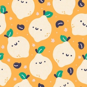 Medium scale / Cute lemons kawaii summer tropical fruits / happy fun kids baby nursery mustard yellow goldenrod beige citrus limes little doodles faces