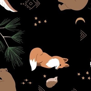 Winter wonderland woodland grizzly owl fox and hedgehog animals sweet wild animal friends christmas theme stars and moon kids night neutral golden brown green on black LARGE rotated Wallpaper
