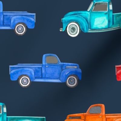 Large Scale Colorful Vintage Trucks  on Navy