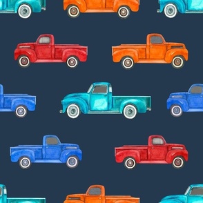 Large Scale Colorful Vintage Trucks  on Navy