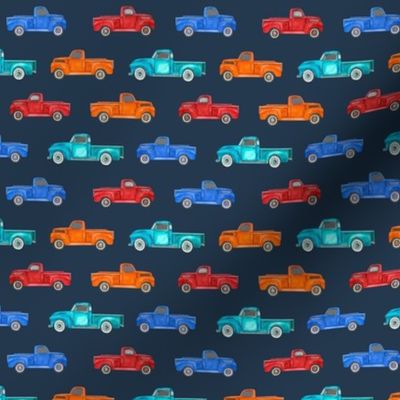 Small Scale Colorful Vintage Trucks  on Navy