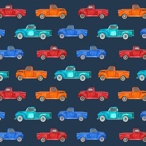 Small Scale Colorful Vintage Trucks  on Navy