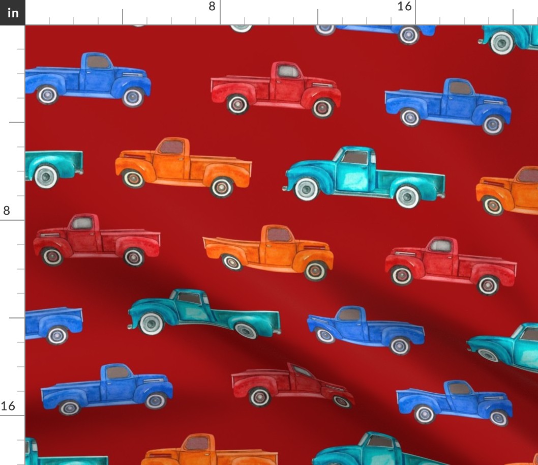 Large Scale Colorful Vintage Trucks  on Dark Red