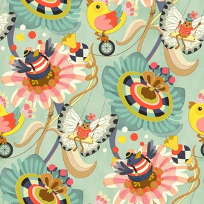 Surrealist whimsical circus with flowers, birds and butterflies
