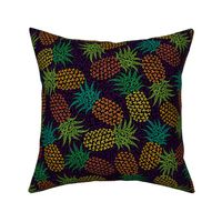  Scattered bold pi-napples - tropical colors on black with dark purple  symbols