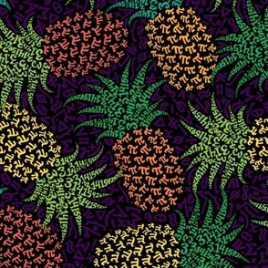  Scattered bold pi-napples - tropical colors on black with dark purple  symbols