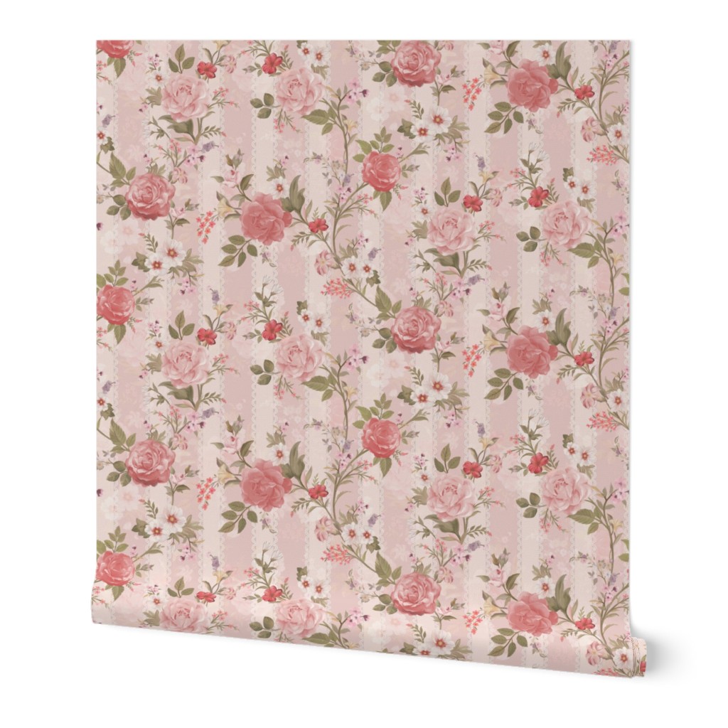 Large // Victorian florals with stripes on pink