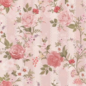 Large // Victorian florals with stripes on pink