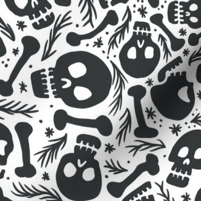 Halloween skulls and bones black on white wallpaper scale