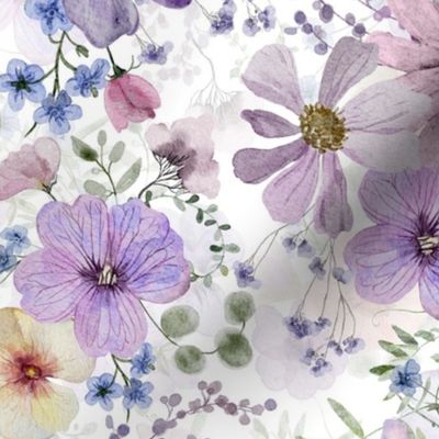14" A beautiful cute purple midsummer dried flower garden with light purple and lavender wildflowers and grasses on white background- double layer- for home decor Baby Girl   and  nursery fabric perfect for kidsroom wallpaper,kids room