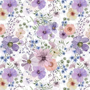 14" A beautiful cute purple midsummer dried flower garden with light purple and lavender wildflowers and grasses on white background- double layer- for home decor Baby Girl   and  nursery fabric perfect for kidsroom wallpaper,kids room
