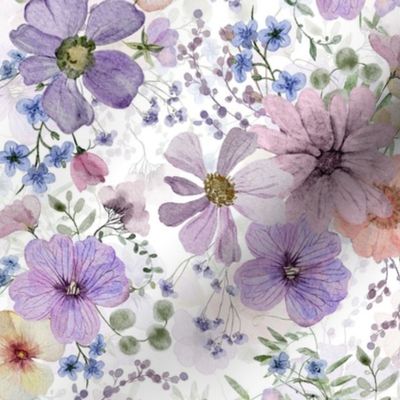 10" A beautiful cute purple midsummer dried flower garden with light purple and lavender wildflowers and grasses on white background- double layer- for home decor Baby Girl   and  nursery fabric perfect for kidsroom wallpaper,kids room