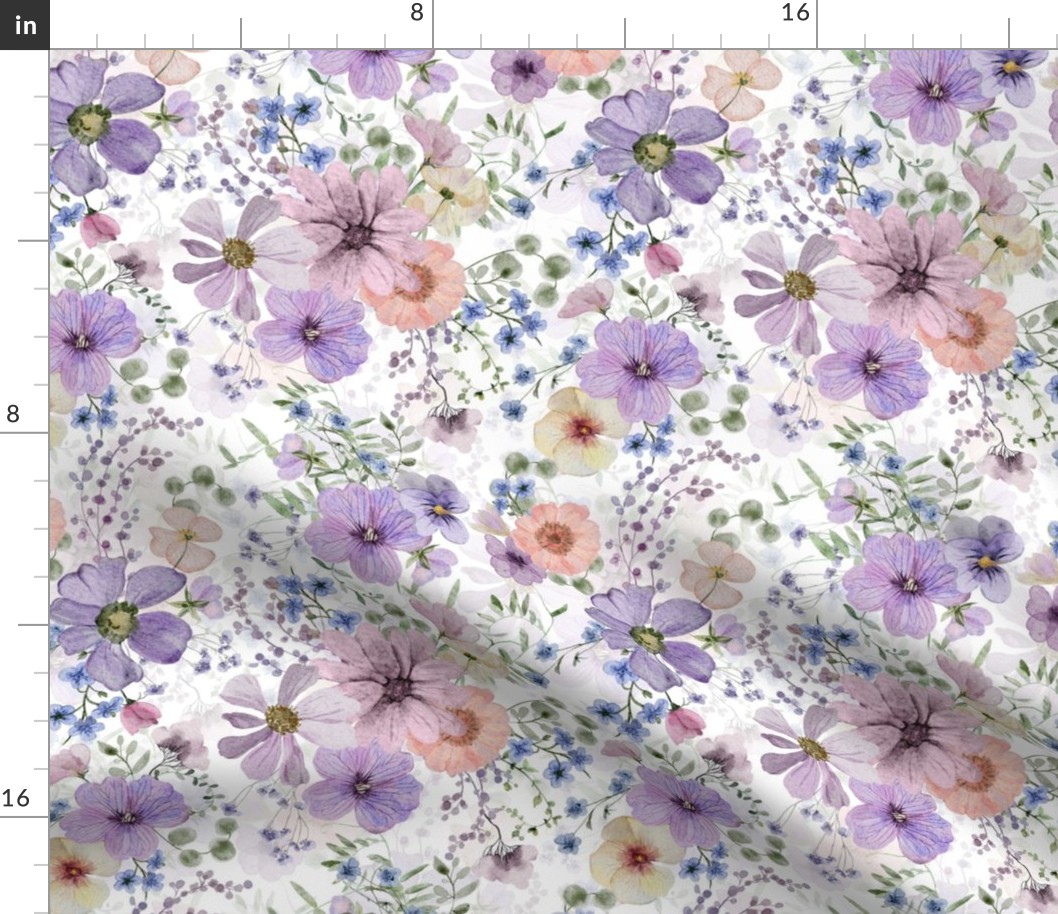 10" A beautiful cute purple midsummer dried flower garden with light purple and lavender wildflowers and grasses on white background- double layer- for home decor Baby Girl   and  nursery fabric perfect for kidsroom wallpaper,kids room