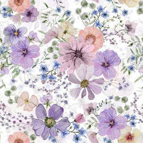 Turned left 18" A beautiful cute purple midsummer dried flower garden with light purple and lavender wildflowers and grasses on white background- double layer- for home decor Baby Girl   and  nursery fabric perfect for kidsroom wallpaper,kids room