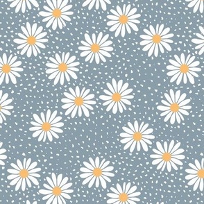 Daisies and speckles - Boho vintage garden theme with messy raw edges white yellow on moody blue