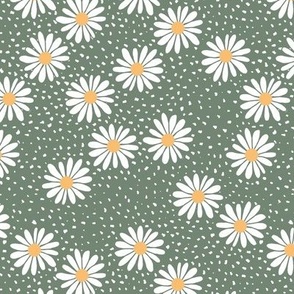 Daisies and speckles - Boho vintage garden theme with messy raw edges white yellow on olive green