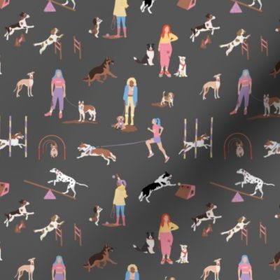 Dog show adventures - puppy class - agility flyball dog walking and hoops pet design lilac pink yellow on charcoal gray