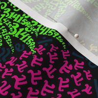 XL Scattered bold pi-napples  - custom neon colors, on black with navy blue symbols