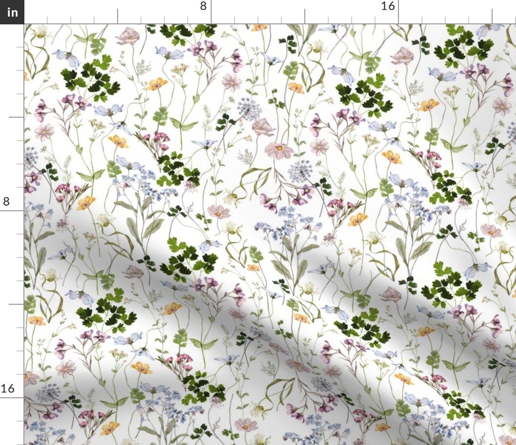 10" A beautiful cute handpainted midsummer dried flower garden with wildflowers and grasses and herbs on white background- double layer- for home decor Baby Girl  and  nursery fabric perfect for kidsroom wallpaper,kids room