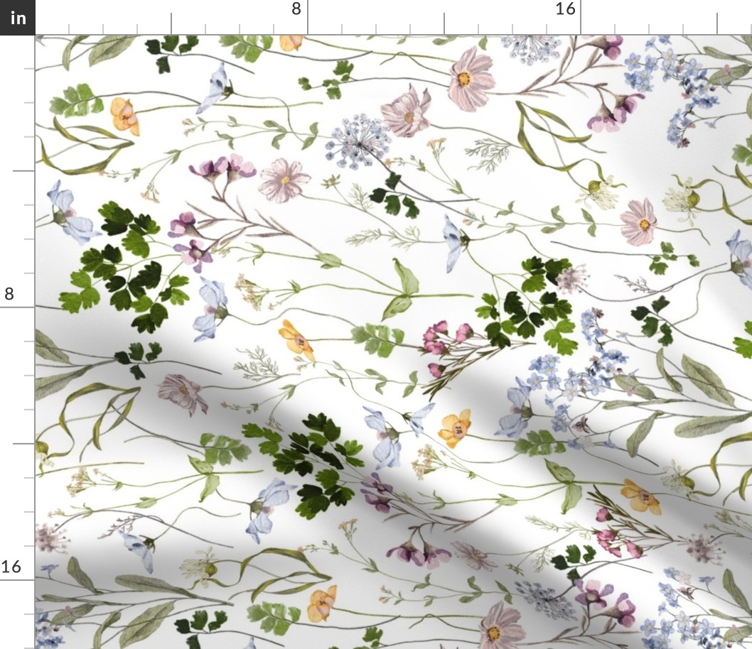 Turned left 18" A beautiful cute handpainted midsummer dried flower garden with wildflowers and grasses and herbs on white background- double layer- for home decor Baby Girl  and  nursery fabric perfect for kidsroom wallpaper,kids room