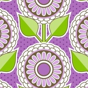 Dollhouse Flowers and Polka Dot Background // Lavender, Purple, Green, Brown, White // V2 // Medium Scale - 440 DPI
