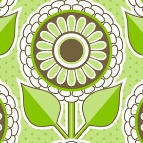 Dollhouse Flowers and Polka Dot Background // Green, Brown, White // V1 // Medium Scale - 385 DPI