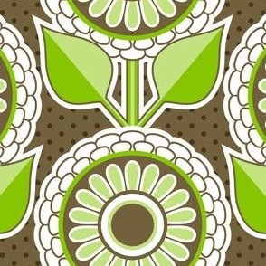 Dollhouse Flowers and Polka Dot Background // Green, Brown, White // V2 // Medium Scale - 367 DPI