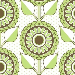 Dollhouse Flowers and Polka Dot Background // Green, Brown, White // V3 // Medium Scale - 367 DPI