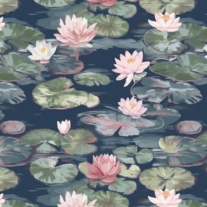monet-inspired waterlilies pinks and navy