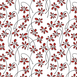 small doodle flowers - hand-drawn flower poppy red - red floral fabric and wallpaper