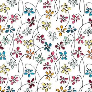 small doodle flowers - hand-drawn flower viva magenta mix - floral fabric and wallpaper