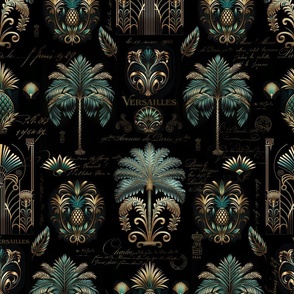 Art Deco Palm Tree And Pineapple Ornament Pattern Turquoise Teal Gold Medium Scale