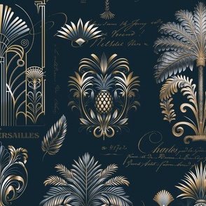 Art Deco Palm Tree And Pineapple Ornament Pattern Navy Blue Gold