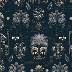 Art Deco Palm Tree And Pineapple Ornament Pattern Navy Blue Gold Medium Scale