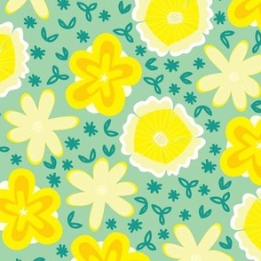 Floral Spring Print Yellow Daffodil Garden in Light Green