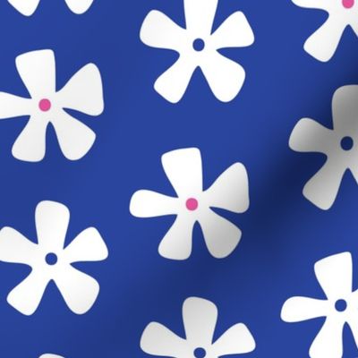 White and Pink Groovy Geo Flowers on Dark Blue Floral Wallpaper