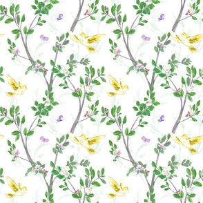 Spring Chinoiserie White Fabric, Bird Chinoiserie Wallpaper, SMALL SCALE