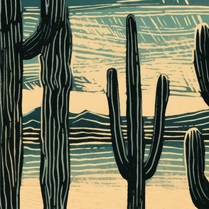 Soaring Saguaros - Lino Cut Woodblock style - desert rain