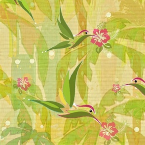 The Palm and Hummingbird,  © 2023 Vanessa Peutherer   - Tropical,  Linen Paper Effect Wallpaper